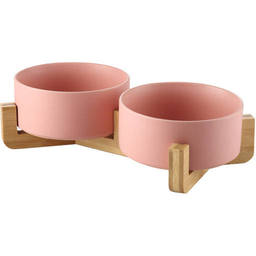 Dvojitá keramická miska pro psy a kočky s dřevěným stojanem, růžová 2x400 ml