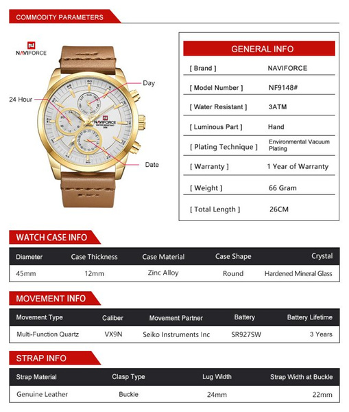 Zegarek Męski Naviforce - NF9148 (zn085b) Gold + Box