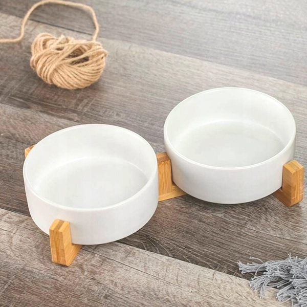 Miska ceramiczna podwójna drewniana GERDA biała 2x400ml