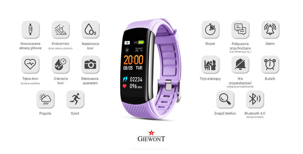 Smartband Giewont Czarny GW200-8 + Pasek Jasnofioletowy