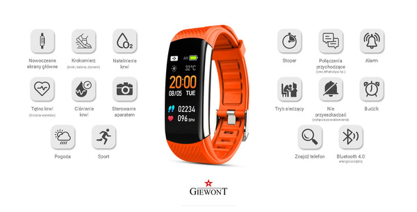 Smartband Giewont Czarny GW200-9 + Pasek Pomarańczowy