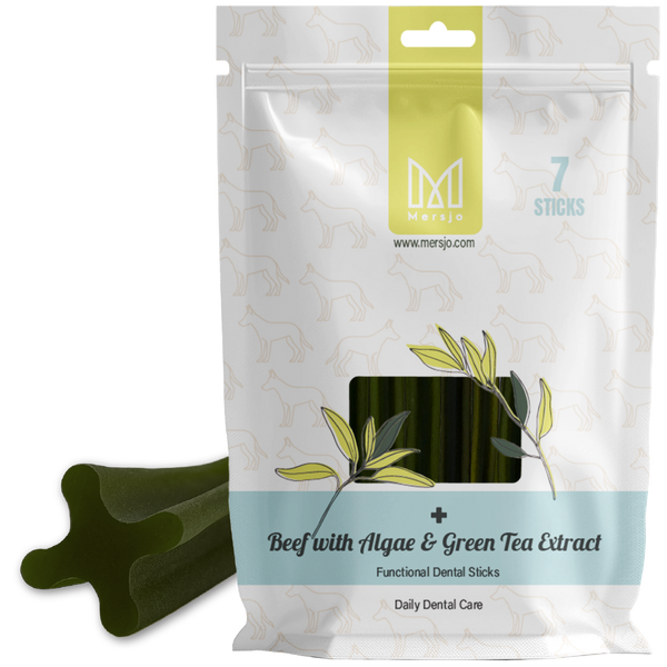 Przekąska stomatologiczna dla psów - wołowina z algami i ekstraktem z zielonej herbaty (7 sticków)