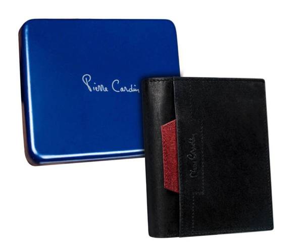 Skórzany portfel męski pionowy z czerwonym akcentem 
