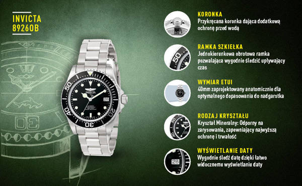 Zegarek Męski Invicta Pro Diver 8926OB - Automat WR200, Koperta 40mm (zx138c)